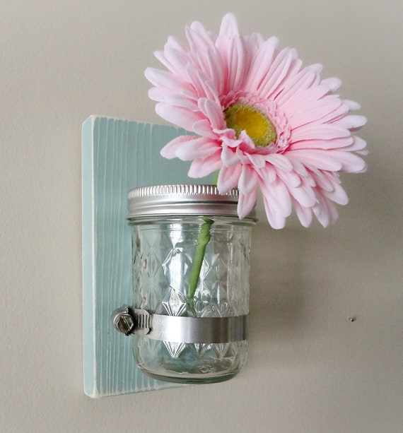 Items similar to Aqua Rustic Style Wall Hanger Mason Jar Vase