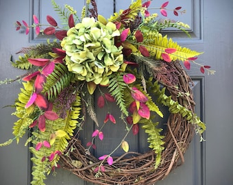 Hydrangea Wreath Spring Wreaths Spring Door Wreaths Fern Green Hydrangea Housewarming Fern Wreaths Green Purple Spring Decor Mothers Day
