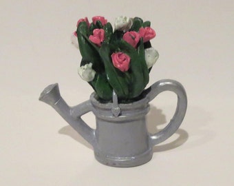 Miniature Pink and White Roses in a Watering Can 1:12 scale
