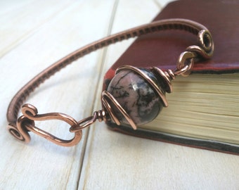 Rhodonite Bangle - Wire Wrapped Jewellery Handmade - Copper Bangle - Rhodonite Bracelet