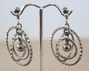 Vintage Modernist Textured Multi Hoop Dangle Earrings for Pierced Ears Silver Tone