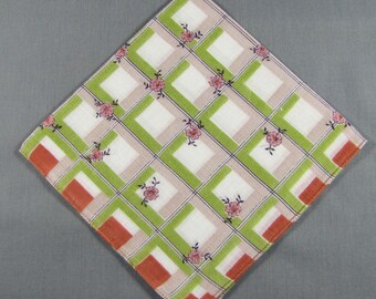 Checks in Moss Green & Tiny Pink Flowers Vintage Cotton Hankie Handkerchief