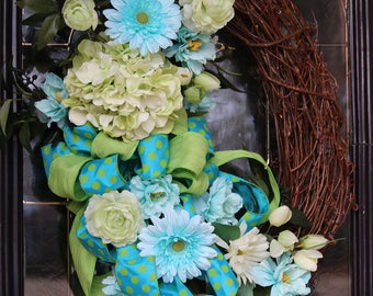 Hydrangea wreath, Spring wreaths for front door, Hydrangea door wreath, Farmhouse decor, grapevine wreath, Mother's Day gift, Spring wreath