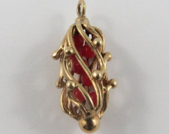 Ornate Cage Filled With Red Balls 10K Mechanical Gold Vintage Charm For Bracelet