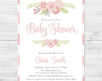 Rustic Floral Pink Baby Shower Invitation - Girl, Stripe, Flowers