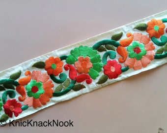 Off White Fabric Trim With Floral Embroidery, Orange, Red And Green Trim, 60mm wide - 200317L126
