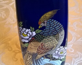 Vintage Japanese Interpur Cobalt Blue Pheasant Vase with Gold Trim Vintage Blue and Gold Japanese Pheasant Vase