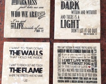 U2 lyrics coasters, set of 4, 4 x 4, tumbled marble tiles with cork backing: also available in prints or canvas
