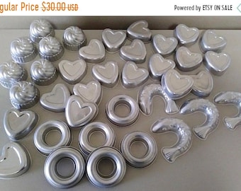 On Sale Aluminum Molds, Lot of 37, Tart Molds, Mini Molds, Metal Molds, Cake, Jello, Craft Molds, Soap & Candle Molds, Hearts/Fish/Doughnut