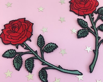 Red Rose Patch (Large) – Iron On Embroidered Patches - Long Stem Rose - Set or Individually Sold - Wildflower + Co.