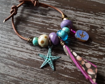 Unlisted - Beaded Leather Bracelet - Boho Leather Bracelet - Purple and Blue - Star Fish - Bead Soup Jewelry