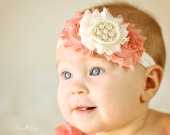 Baby Headband Coral Ivory Vintage Headband Hair Bow Shabby Headband Baby Bows Newborn Headband