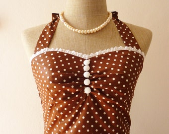 Brown Party Dress Bridesmaid Dress Summer Dress Tea Length Dress Polka Dot Dress Swing Dance Dress Pin Up Dress