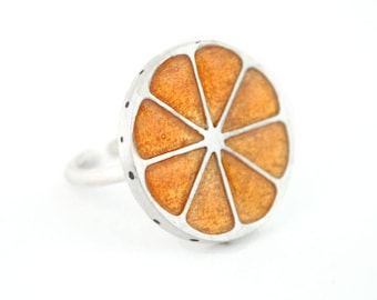 Silver orange Ring, Ring orange, sterling silver ring, adjustable ring, enamel jewelry food jewels, fruits