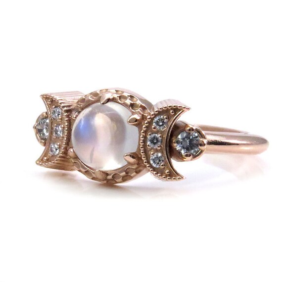 Moonstone Engagement Ring with Diamond Crescent Moons - Celestial Moon Phase Rose Gold Ring