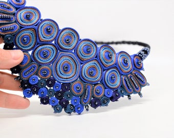 Bib necklace, statement necklace blue, extravagant necklace, gift for woman, gift for her, textile art - Textile jewelry ooak made to order