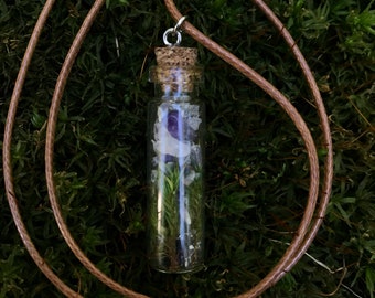 Mossy Crystal Bottle Terrarium Necklace with Amethyst