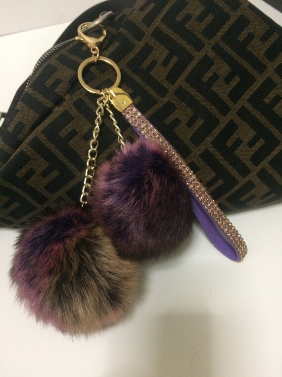 pom multicolor fur pom Keychain Faux Bag Double Purse Twin Super Cute Fur Charm
