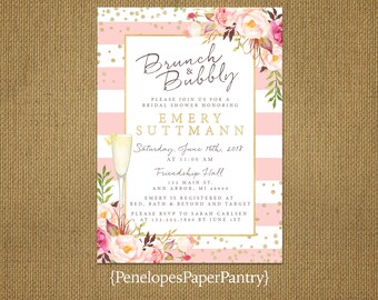 Chic Pink and White Stripe Brunch and Bubbly Bridal Shower Invitation,Pink Roses,Confetti,Gold Print,Shimmery,Printed Invitation,Envelope
