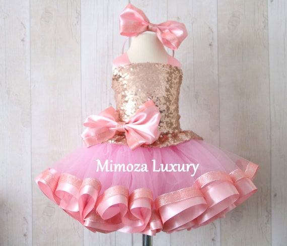 Luxury Rose Gold Sequin Birthday Outfit, rose gold girls birthday dress, baby girl tutu cupcake dress, 1st birthday tutu sequins dress