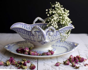 Antique French Lavender Blue Gravy Boat Transferware Ironstone Pedestal Sauce Jug Creil Montereau B&Cie 1800s