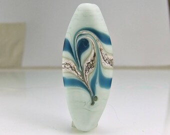 Etched Pale Green Teal Silvered Ivory Lampwork Focal Bead
