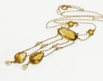 14K Victorian Ornate Citrine Seed Pearl Dangle Necklace 15.75" Yellow Gold