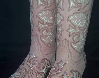 Swarovski Crystal Embellished Pink and Cream Corral Snip Toe Cowgirl Boots
