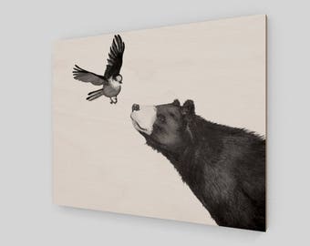 Bird and Bear - print on wood panel - Art Print - Ready to Hang - wood print
