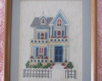 Counted Cross Stitch Picture, Matted, Framed with Glass/8.75 x 10.75 in/Wall Hanging/Home Decor/Needlecraft/Embroidery/House