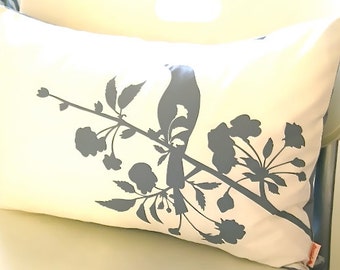 Grey Print on Off White Blooming Blossom Rectangle Pillow