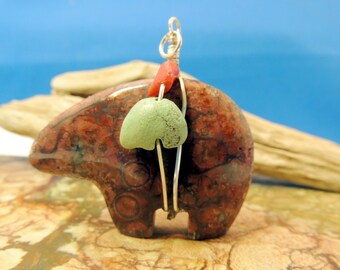 Birdseye Rhyolite Stone Zuni Bear Pendant with Coral and Turquoise medicine bundle New Zuni Bears Gemstone