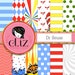 Dr Seuss digital paper. Dr Seuss inspired, bright fun scrapbook papers featuring stripes, dots, confetti in blue, red, yellow and green
