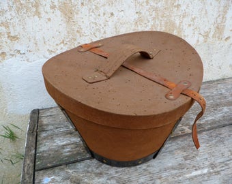Vintage Antique 1900s French canvas & leather top hat box / timeworn