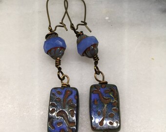 Blue Rectangle Slab Czech Glass Dangle Earrings Cruise Wear Boho Jewelry Product id: LGHFR217