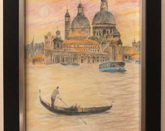 Beautiful European Mediterranean Cityscape View colored pencil Drawing of Valletta Malta