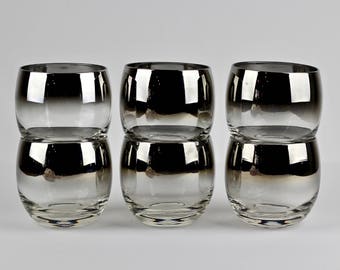 Mid Century Silver Fade Roly Poly Glasses Vitreon Queens Lusterware Set of 6