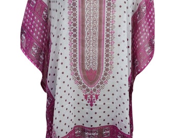 Sheer Sexy Short Caftan Dress Beach Bikini Cover Up Pink White Dashiki Print Summer Fashion Loose Kaftan One Size