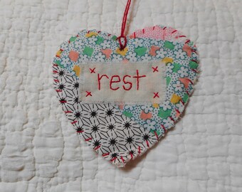 Wordz From the Heart Snippet Ornament - REST - Stitched From Recycled Vintage Quilt Piece
