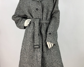 80s grey tweed coat/salt and pepper tweed coat/oversized wool blend
