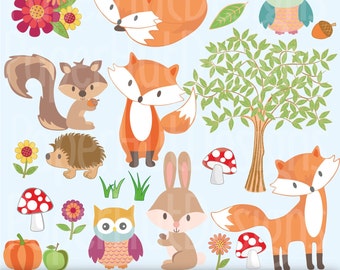 Woodland Animal Clipart-Winter Woodland Animals-Tree Clipart-Fox-rabbit-squirrel and owl Clipart-Personal or Commercial Use-BUY2GET1MOREFREE