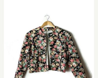 ON SALE Vintage Black x Floral Cropped collarless Cotton Jacket from 1980's*
