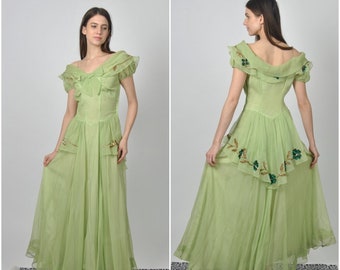 1940s Green Sequin Flower Leaf Peplum Gown | vintage 1940s gown | green emerald gold sequin 1940s gown