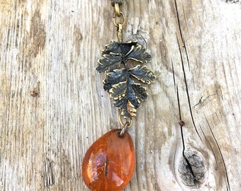 Real Baltic Amber Necklace with Antique Bronze Leaf, Vintage Amber Necklace