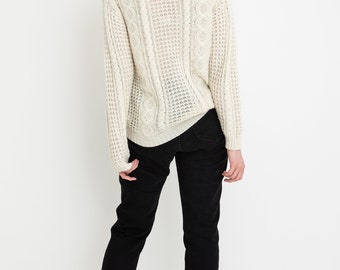70s Cream Cable Knit Sweater M