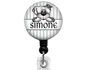 Badge Reels, Personalized Name Badge Reel, Retractable Badge Holder, LVN Badge Reel, Personalized Badge Holder Gray & White Stripes 429A