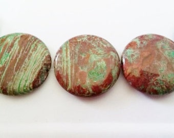 Green stripe jasper 35mm coin beads 35mm stone beads green stone beads brown stone beads semiprecious stone semiprecious beads pendant beads