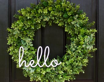 Boxwood Wreath, Greenery Wreath, Hello Wreath, Everyday Wreath, Year Round Wreath, Farmhouse Decor, Boxwood Door Wreath, Hello Wreath