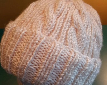 Off White Cable Hand-Knit Hat. Super soft, for men or women- Ready to be Shipped