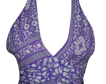 Purple Printed Sexy Stylish Crop Top Deep Neck Recycled Silk Halter Tops Blouse One Size